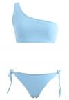 Eine Schulter Seite Binden Schwacher Anstieg Bikini Set In Blau Retro