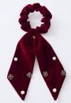 Velvet Bowknot Pearl Diamond Scrunchie in Burgund