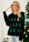 Pailletten-Weihnachtsbaum-Strickpullover in Schwarz