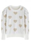 Metallic Heart Puff Shoulder Strickpullover in Elfenbein