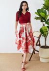 Künstlerischer Falten-Midirock aus Jacquard-Organza mit Blumenmuster in Rot