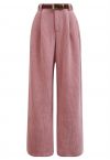 Mit Fleece gefütterte Cordhose mit geradem Bein und Gürtel in Rosa