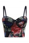 Bustier-Crop-Top mit Blumenmuster in Schwarz