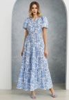 Überschwängliches, blaues Maxikleid mit Blumen-Print