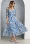 Transparentes Puppenkleid mit Blumenmuster und Puffärmeln in Blau