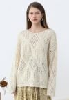 Flauschiger Strickpullover mit Rautenmuster in Creme