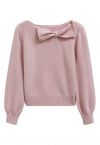 Strickpullover mit U-Boot-Ausschnitt und Schleife in Rosa