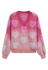 Ombre Fuzzy Heart Fransen Strickpullover in Pink