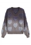 Ombre Fuzzy Heart Fransen Strickpullover in Rauch