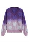 Ombre Fuzzy Heart Fransen Strickpullover in Lila