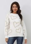 Lovable Heart – Weißer Strickpullover mit Rundhalsausschnitt