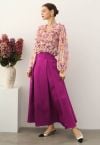 High-Slit Seamed Waist Pleated Satin Maxi Skirt in Magenta