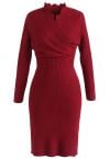 Cafe Time Wavy Wrap Knit Dress in Red