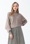 Boat Neck Batwing Sleeves Crop Knit Top in Taupe