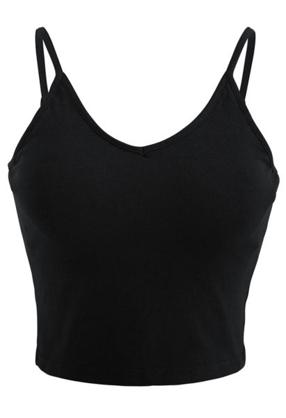 Kurzes Rippen-Cami-Tanktop in Schwarz