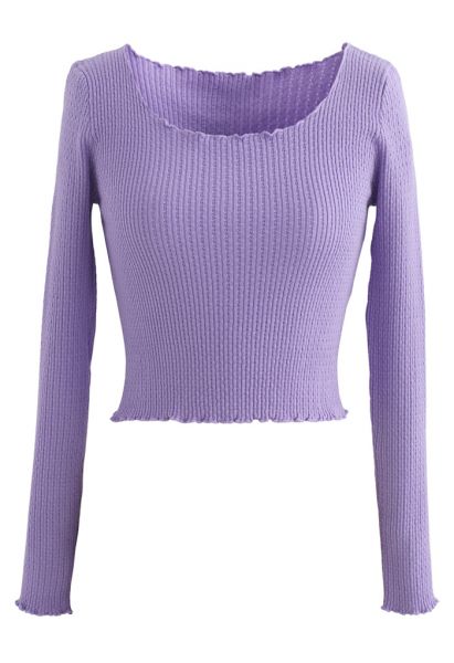 Crop Knit Top mit Salat-Saum in Lila