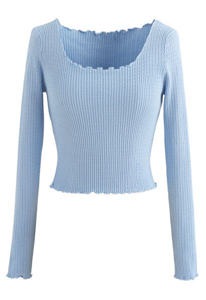 Crop Knit Top mit Kopfsalat-Saum in Blau