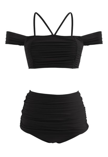 Schulterfreies Bikini-Set mit Rüschen und Netzstoff in Schwarz