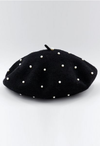 Handgemachte Perlen-Wollmischung Baskenmütze in Schwarz