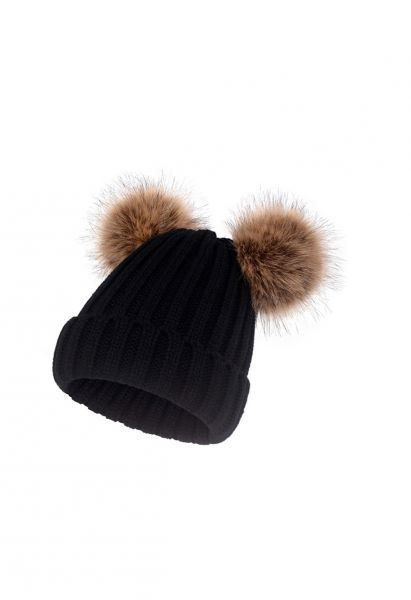 Fuzzy Pom-Pom Knit Beanie-Mütze in Schwarz