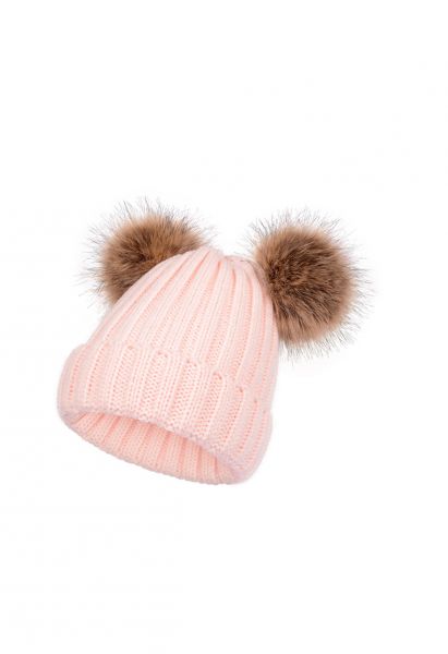 Fuzzy Pom-Pom Knit Beanie-Mütze in Pink
