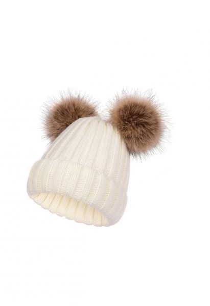 Fuzzy Pom-Pom Knit Beanie-Mütze in Elfenbein