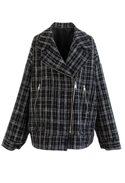 Tweed-Blazer mit Reißverschluss und Karomuster in Schwarz