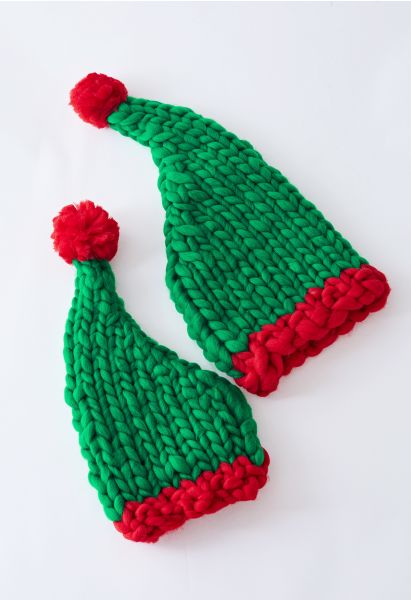 Farbblock geflochtene handgestrickte Pom-Pom-Weihnachtsmütze