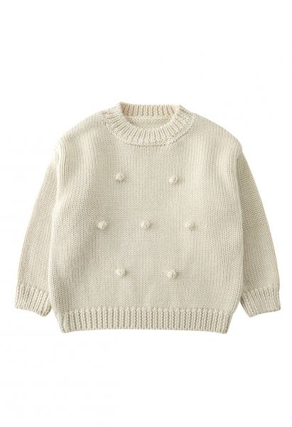 Pom-Pom Handgestrickter Pullover in Creme für Kinder