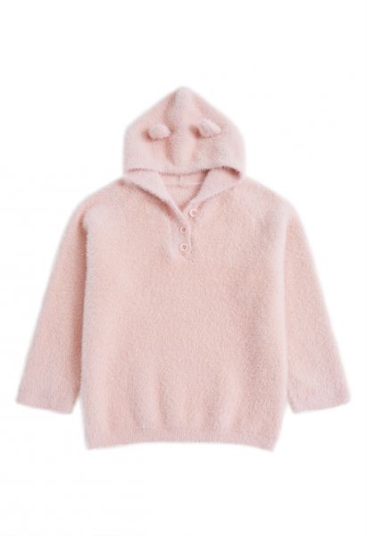 Kitty Cat Fuzzy Knit Hooded Sweater in Pink für Kinder