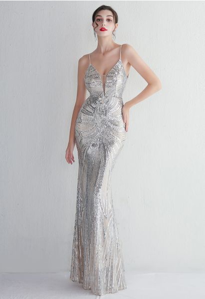 Glimmer-Pailletten-Nixe-Cami-Kleid in Silber