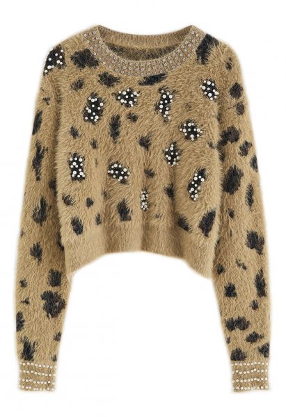 Pearly Leopard Fuzzy Knit Crop Pullover in Khaki