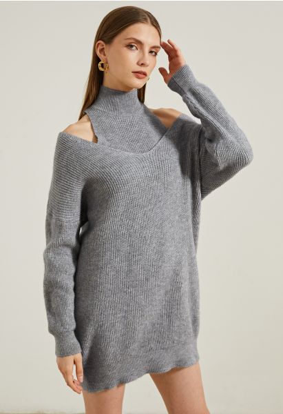 Schulterfreies, zweiteiliges Pulloverkleid in Grau