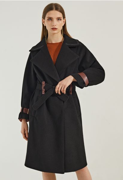 Langer Mantel aus Wollmischung mit Gürtel in Schwarz