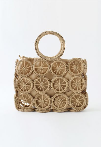 Radförmige Handtasche aus gewebtem Stroh in Karamell