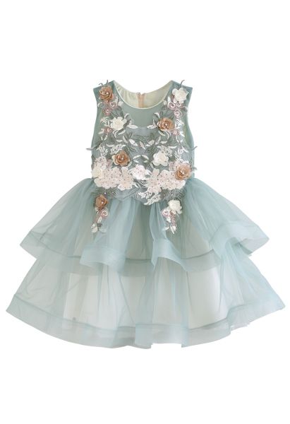 Ärmelloses, gestuftes Kleid mit Blumenstickerei für Kinder