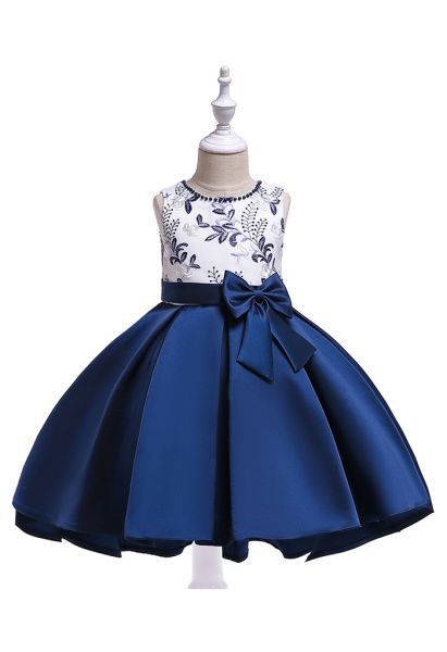 Gesticktes Hi-Lo-Prinzessinnenkleid mit Zweigen und Schleifen in Marineblau für Kinder