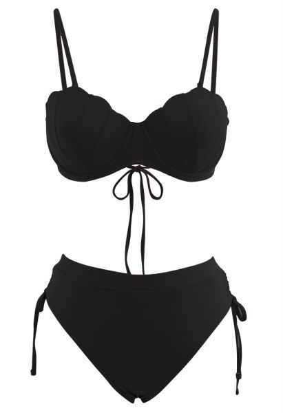 Muschelförmiges Bikini-Set mit Kordelzug in Schwarz
