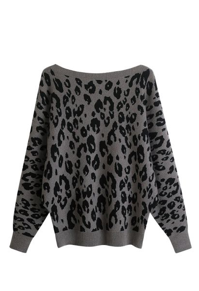 Pullover mit Leoparden-Jacquard und Fledermausärmeln in Grau