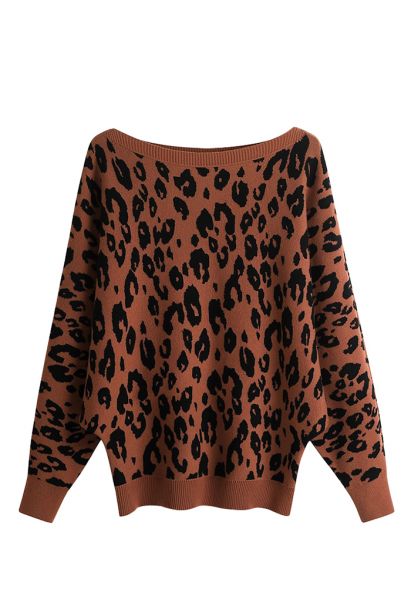Pullover mit Leopardenjacquard und Fledermausärmeln in Karamell