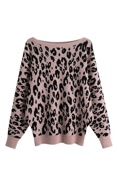 Pullover mit Leoparden-Jacquard und Fledermausärmeln in Rosa