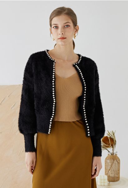 Perlige Fuzzy-Strickjacke mit offener Vorderseite in Schwarz