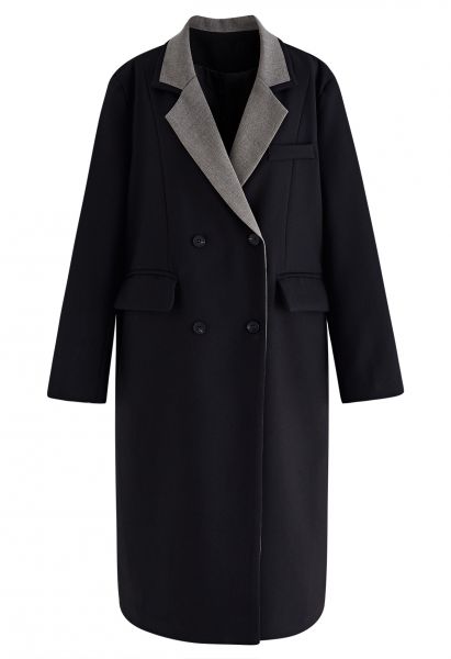 Langer Mantel mit kontrastierendem, gekerbtem Revers in Schwarz