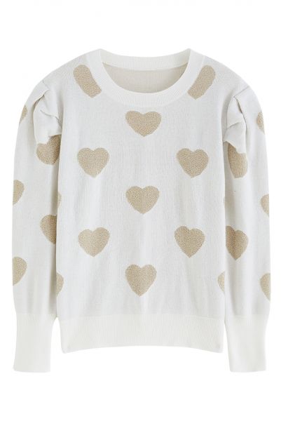 Metallic Heart Puff Shoulder Strickpullover in Elfenbein