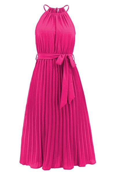 Plisseekleid mit Neckholder und Taillenbund in Hot Pink
