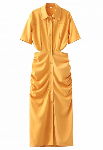 Gerafftes Hemdkleid mit Ausschnitt an der Taille in Gelb