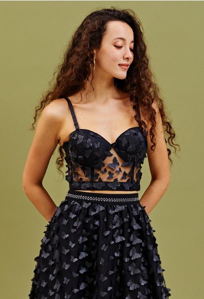 Bustier Crop Top mit Schmetterlingsapplikationen in Schwarz