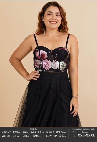 Blühende Blumen-Bustier-Crop-Top in Schwarz