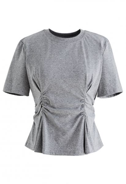 Raffendes, gerafftes T-Shirt mit Rundhalsausschnitt in Grau