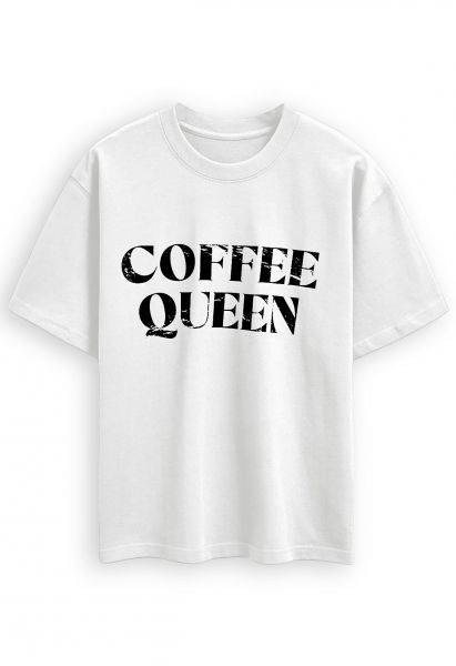 Bedrucktes Baumwoll-T-Shirt „Coffee Queen“ in Weiß